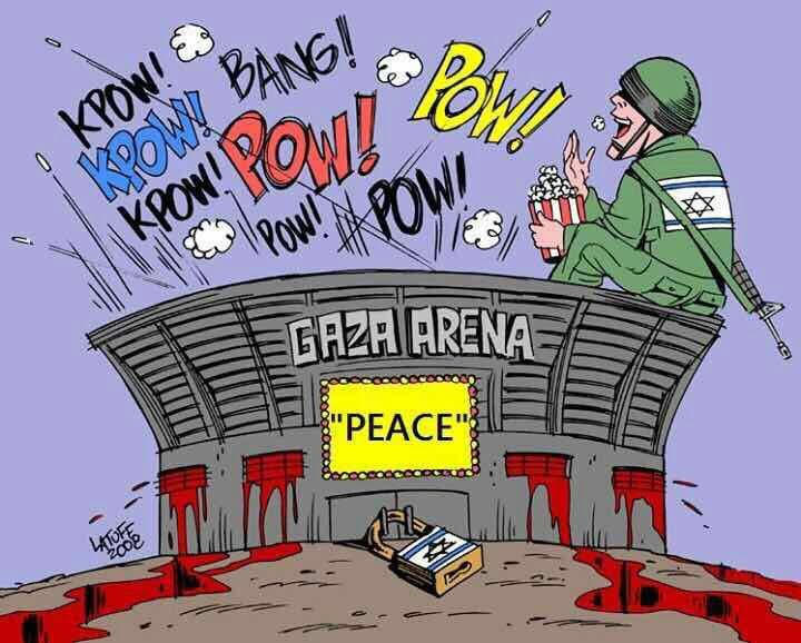 كاريكاتير للفنان العالم “كارلوس لاتوف” يصف فيه المشهد في غزة المحاصرة تزامنا مع قصفها