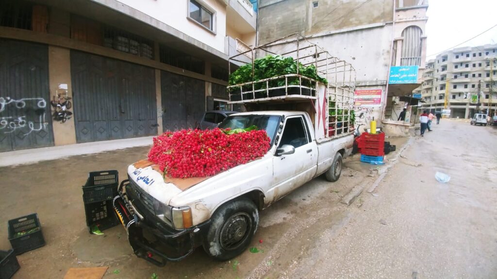 سيارة لبيع الخضار في مخيم نهر البارد للاجئين الفلسطينيين في مدينة طرابلس، شمال لبنان (بعدسة عدنان الحمد)